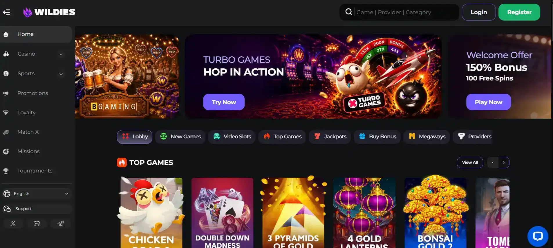 Wildies Casino homepage and main navigation